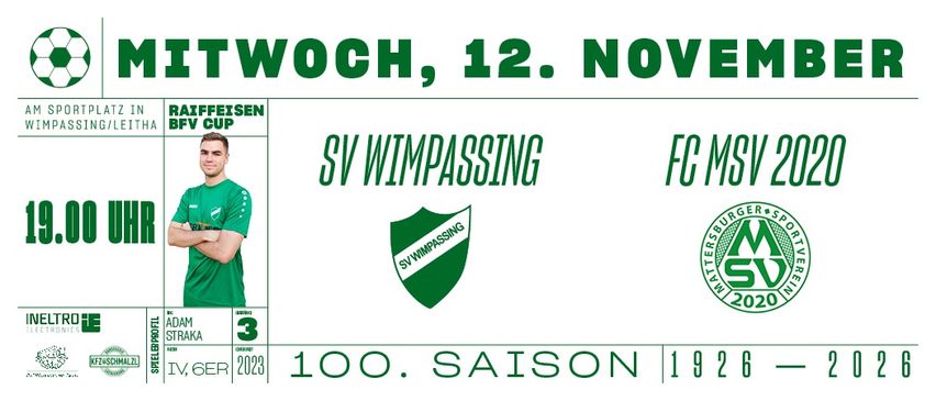 Poster for a soccer match between SV Wimpassing and FC MSV 2020 on Wednesday, November 12. Features a player's profile and logos.