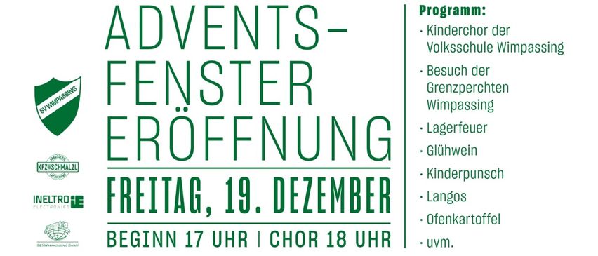Ein Fußballspieler mit Weihnachtsmütze tritt einen Fußball. Der Plakat zeigt '2020 - 2026' und 'Adventsfensteröffnung'. Auf der Liste stehen Kinderchor, Grenzperchtenbesuch, Lagerfeuer und Glühwein.