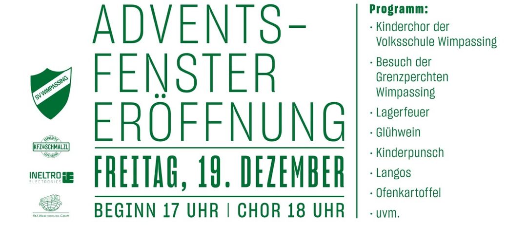 Ein Fußballspieler mit Weihnachtsmütze tritt einen Fußball. Der Plakat zeigt '2020 - 2026' und 'Adventsfensteröffnung'. Auf der Liste stehen Kinderchor, Grenzperchtenbesuch, Lagerfeuer und Glühwein.