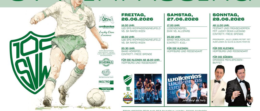 Plakat zur 100-Jahr-Feier eines Fußballvereins. Es zeigt einen Fußballspieler, der einen Ball tritt, und enthält Details zu Spielplänen, Ticketpreisen und einem Programm für Kinder. Das Plakat zeigt auch Logos von Sponsoren und Bands.