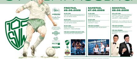 Plakat zur 100-Jahr-Feier eines Fußballvereins. Es zeigt einen Fußballspieler, der einen Ball tritt, und enthält Details zu Spielplänen, Ticketpreisen und einem Programm für Kinder. Das Plakat zeigt auch Logos von Sponsoren und Bands.