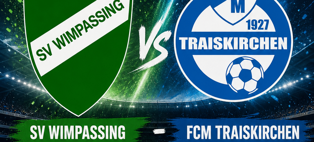 Plakat für ein Fußballspiel zwischen SV Wimpassing und FC Traiskirchen, geplant für Dienstag, 14. Juli um 18:30 Uhr. Das Plakat zeigt die Teamlogos und einen Fußball.