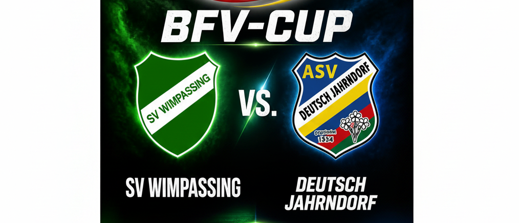 Plakat für ein Fußballspiel zwischen SV Wimpassing und ASV Deutsch Jahrndorf, geplant für den 31. Juli um 19:30 Uhr in der KFZ Schmalzl Arena in Wimpassing.