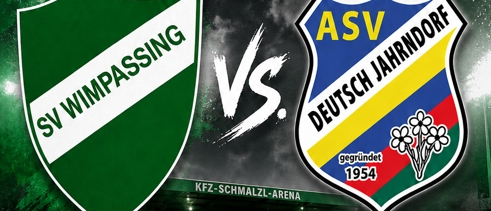 Plakat für ein Fußballspiel zwischen SV Wimpassing und Deutsch Jahrndorf am 30. August 2026 im KFZ-Schmalzl-Arena, Wimpassing. Spiele beginnen um 15:00 für U23 und um 17:00 für KM.