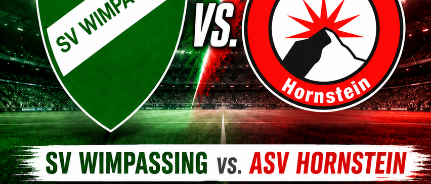 Plakat für ein Fußballspiel zwischen SV Wimpassing und ASV Hornstein, geplant für Sonntag, 6. September im KFZ Schmalzl Arena in Wimpassing. Das Spiel umfasst U23 und KM Kategorien.