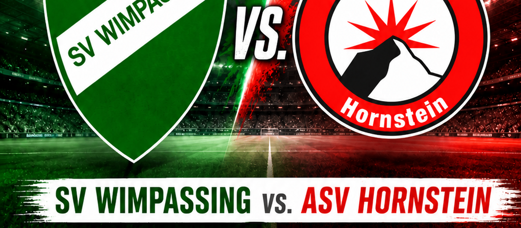 Plakat für ein Fußballspiel zwischen SV Wimpassing und ASV Hornstein, geplant für Sonntag, 6. September im KFZ Schmalzl Arena in Wimpassing. Das Spiel umfasst U23 und KM Kategorien.