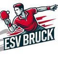 Das Logo zeigt einen Mann, der Tischtennis spielt, einen Schläger hält und kurz davor ist, den Ball zu schlagen. Der Logo enthält den Text 'ESV BRUCK' und ein stilisiertes Bild eines Zuges.