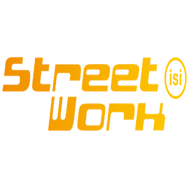 Das Logo für Street Work, mit dem Text 'Street Work' in fetter gelber Schrift auf weißem Hintergrund, und einem runden gelben isi-Logo auf der rechten Seite.