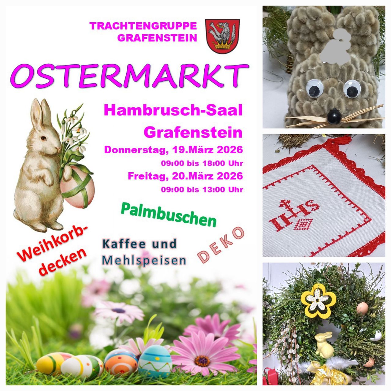 Poster for Grafenstein's Easter Market. It features a rabbit, decorative items, and Easter eggs. The event will take place on March 19 and 20, 2026, from 9 AM to 6 PM on Thursday and 9 AM to 1 PM on Friday.