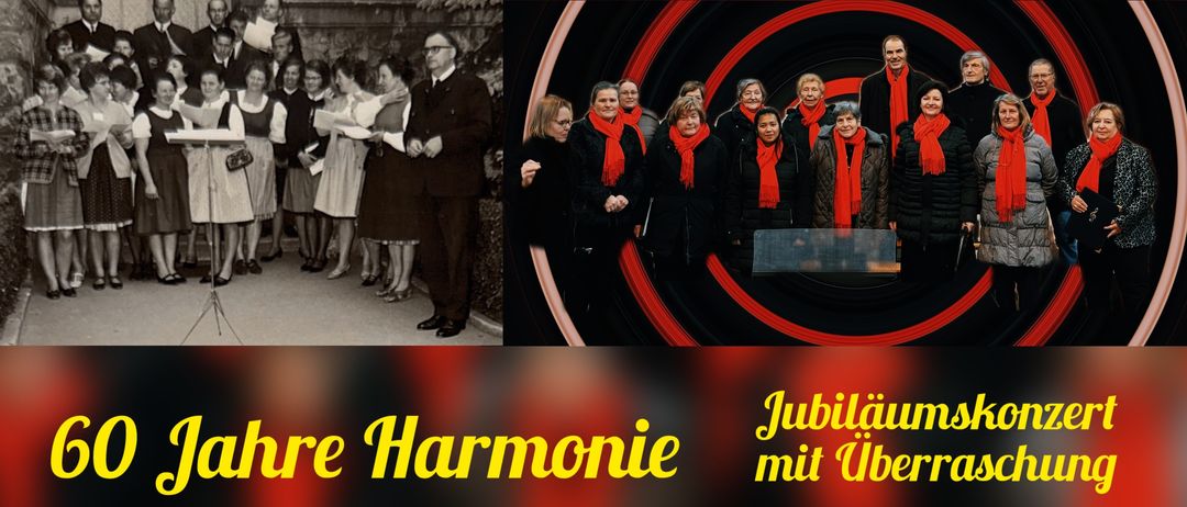 Eine Jubiläumscollage eines Chors. Die linke Seite zeigt ein Vintage-Foto eines Chors in formeller Kleidung. Die rechte Seite ist ein modernes Foto eines Chors mit roten Schals.