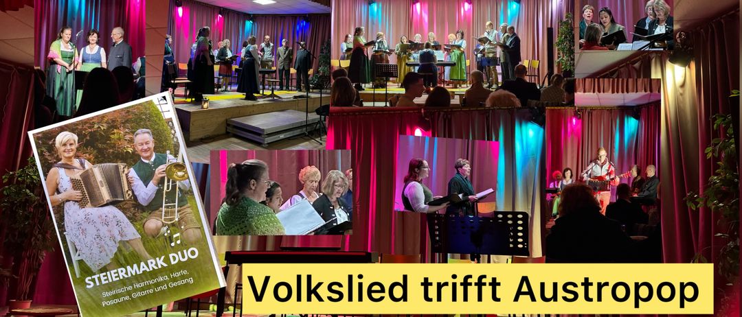 Eine Collage einer musikalischen Aufführung mit einem Banner, das 'Volkslied trifft Austropop' lautet. Es zeigt mehrere Bilder von Musikern und Sängern, einer Bühne mit Musikinstrumenten und einer Collage eines Paares.