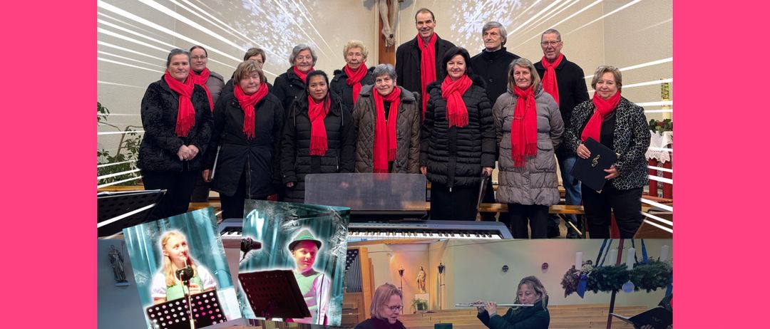 Ein Chor, gekleidet in rote Schals, steht gemeinsam in einer Kirche. Ein Foto eines Kindes mit Hut ist ebenfalls enthalten.