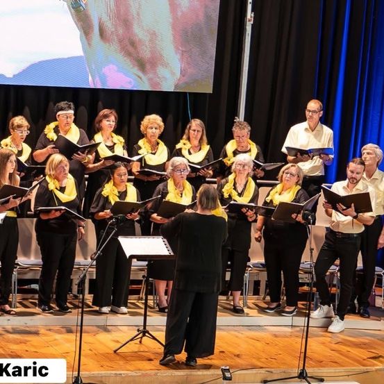 Ein Chor von Erwachsenen, gekleidet in schwarze und gelbe Schals, tritt auf der Bühne mit Notenständern auf. Eine Frau in der Mitte führt den Chor. Dahinter befindet sich eine große Leinwand und eine Bühne mit Stühlen.