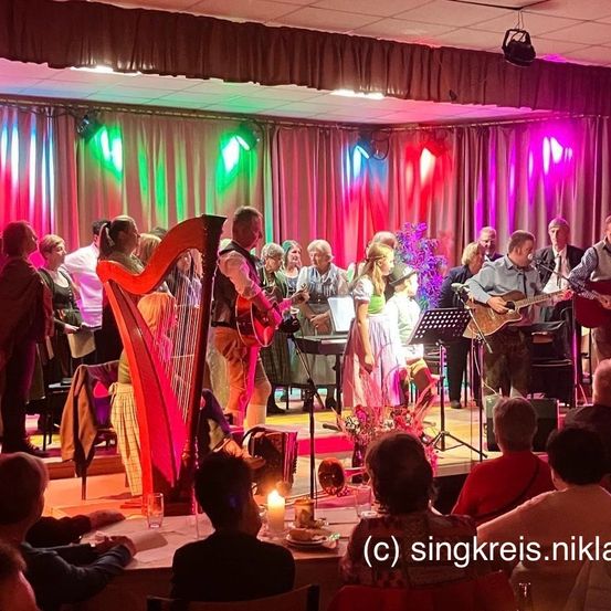 Eine Gruppe von Musikern tritt auf einer Bühne mit leuchtenden, farbigen Lichtern auf, darunter eine Harfenistin, Gitarristen und ein Mädchen in einem Blumenkleid. Das Publikum sitzt vor ihnen, einige genießen Getränke. Das Foto ist mit '(c) singkreis.niklas' Wasserzeichen versehen.