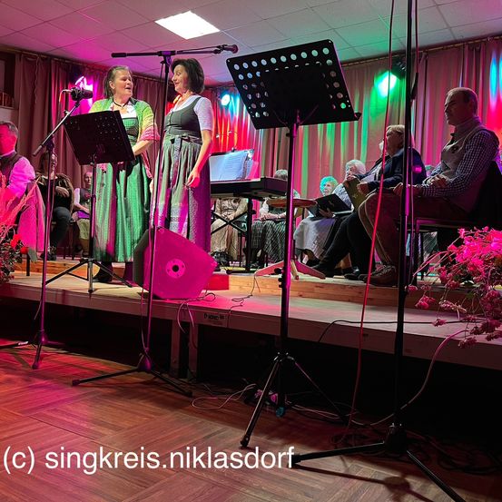 Zwei Frauen singen auf der Bühne mit einem Klavier und Mikrofonen vor einem Publikum unter farbigen Lichtern.