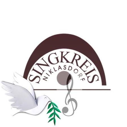 Das Logo zeigt eine weiße Taube mit einem Olivenzweig, der für Frieden steht. Darunter ist ein Musiknotenschlüssel und darüber steht der Text 'SINGKREIS NIKLASDORF'.