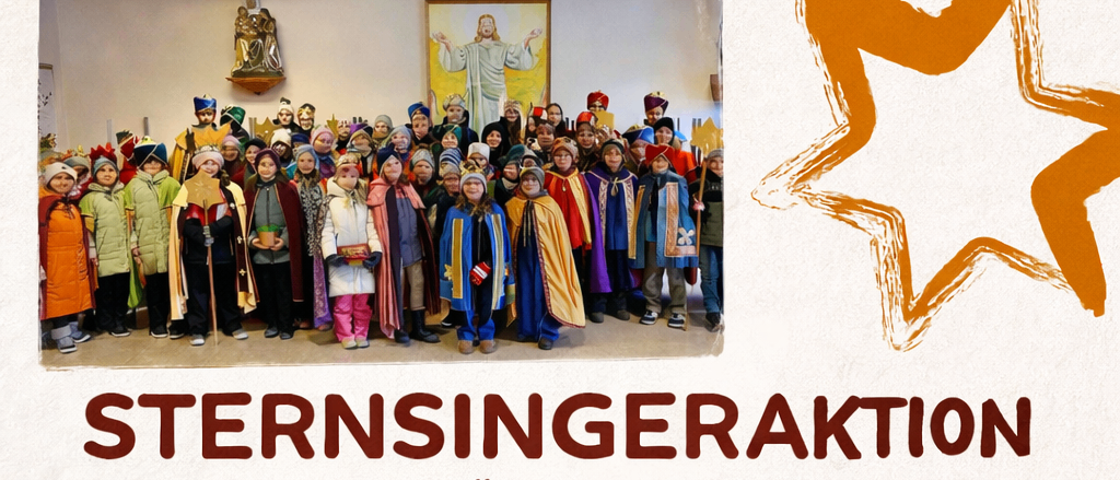 Plakat fur Sternsingeraktion DKA Osterreich mit Kindern in Kostum, einem Jesus-Gemalde und einem Stern. Es hebt eine Spende von 3758 Euro fur eine gerechte Welt hervor.