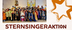 Plakat fur Sternsingeraktion DKA Osterreich mit Kindern in Kostum, einem Jesus-Gemalde und einem Stern. Es hebt eine Spende von 3758 Euro fur eine gerechte Welt hervor.