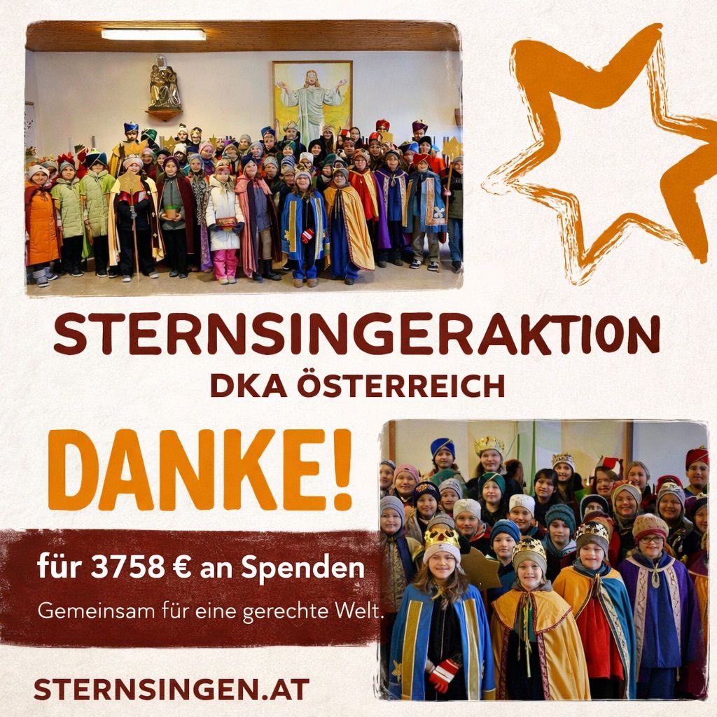 Plakat für Sternsingeraktion in Österreich zeigt Kinder in Kostümen, ein Jesus-Gemälde und Dank für 3758 Euro für eine gerechte Welt.