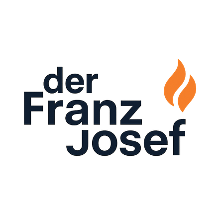 Das Logo von Franz Josef, mit einem stilisierten Feuersymbol und dem Namen in fetter blauer Schrift auf schwarzem Hintergrund.