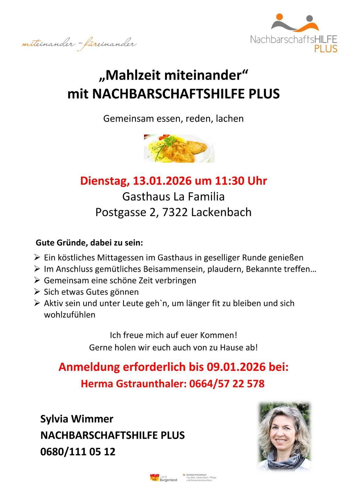 Eine Einladung zum gemeinsamen Essen im Gasthaus La Familia am 13.01.2026 um 11:30 Uhr. Genießen Sie ein köstliches Mittagessen in geselliger Runde, gefolgt von herzlichen Gesprächen, Plaudern und Bekannten treffen. Anmeldung erforderlich bis 09.01.2026. Kontaktieren Sie Herma Gstraunthaler unter 0664/57 22 578.