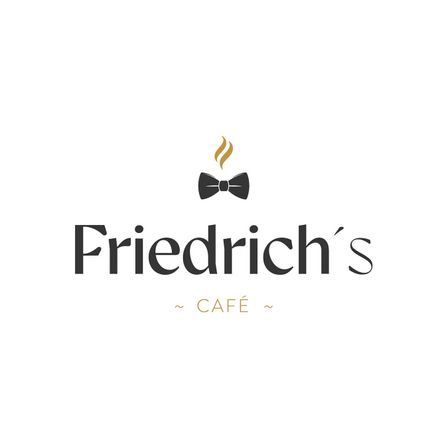 Das Logo für Friedrichs Cafe zeigt eine elegante Fliege über dem Namen in kursiver Schrift. Über der Fliege befindet sich ein Flammensymbol.