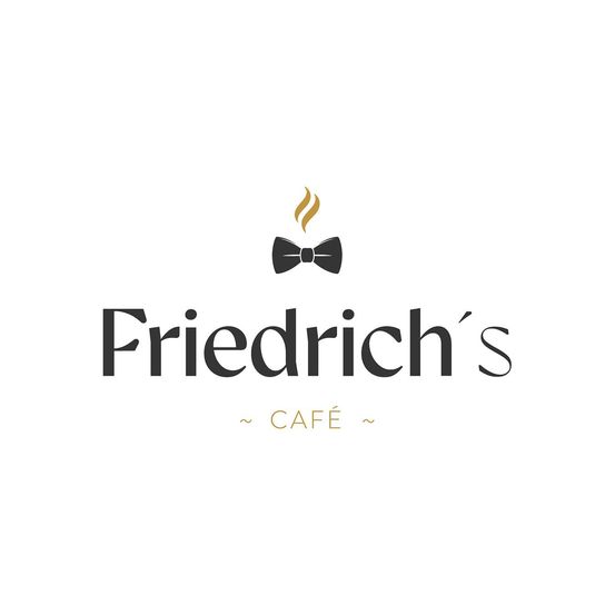 Das Logo für Friedrichs Cafe zeigt eine elegante Fliege über dem Namen in kursiver Schrift. Über der Fliege befindet sich ein Flammensymbol.