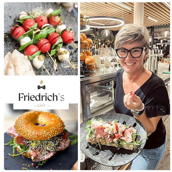 Drei Bilder von Essen und einer lächelnden Frau in einem Restaurant. Das erste Bild zeigt einen Teller mit Tomaten- und Basilikum-Spießen. Das zweite Bild ist ein Sandwich mit Sprossen und Fleisch. Das dritte Bild ist eine Frau, die einen Teller mit einem Sandwich und Fleisch hält.