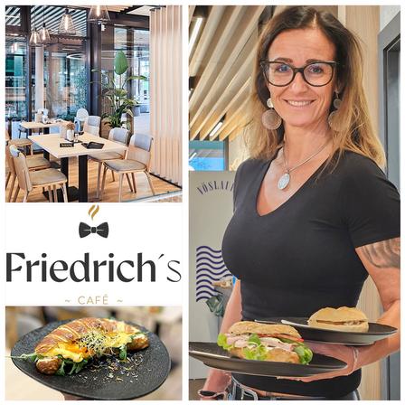 Eine lächelnde Frau hält zwei Teller mit Sandwiches. Eine Collage von Bildern zeigt ein Restaurant-Interieur, einen Teller mit einem Sandwich und den Namen 'Friedrich's Cafe'.