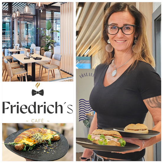 Eine lächelnde Frau hält zwei Teller mit Sandwiches. Eine Collage von Bildern zeigt ein Restaurant-Interieur, einen Teller mit einem Sandwich und den Namen 'Friedrich's Cafe'.