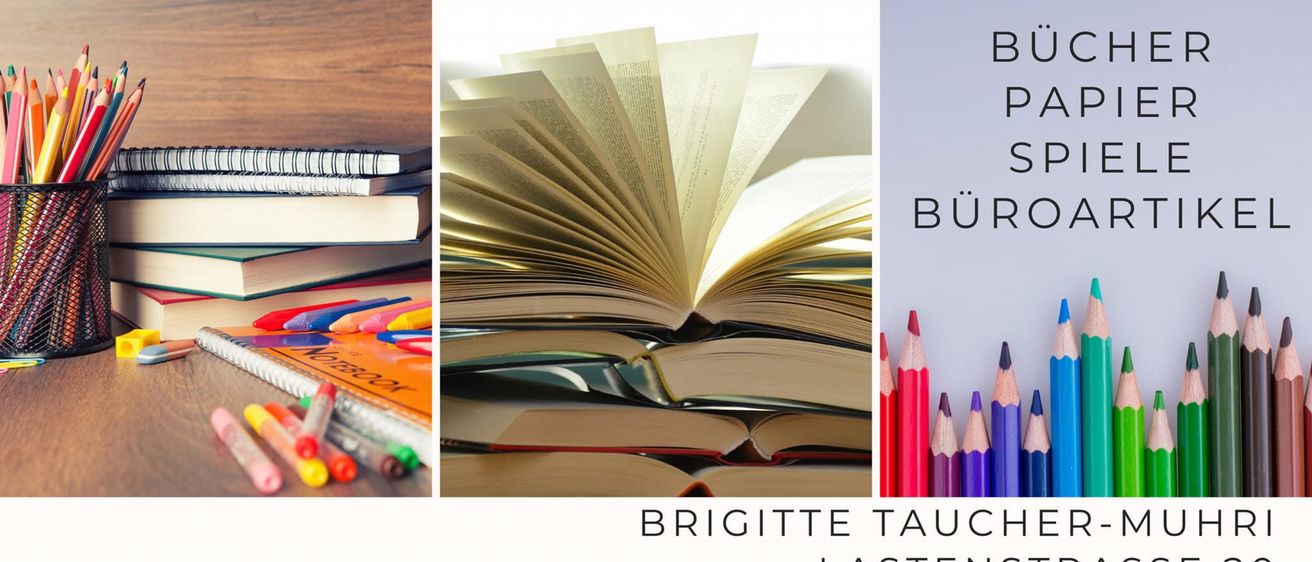 Drei Bilder in einer Collage: ein Stapel Notizbücher, ein offenes Buch und eine Gruppe farbiger Bleistifte. Der Text lautet 'Brigitte Tauch Lastens 8430 034.'