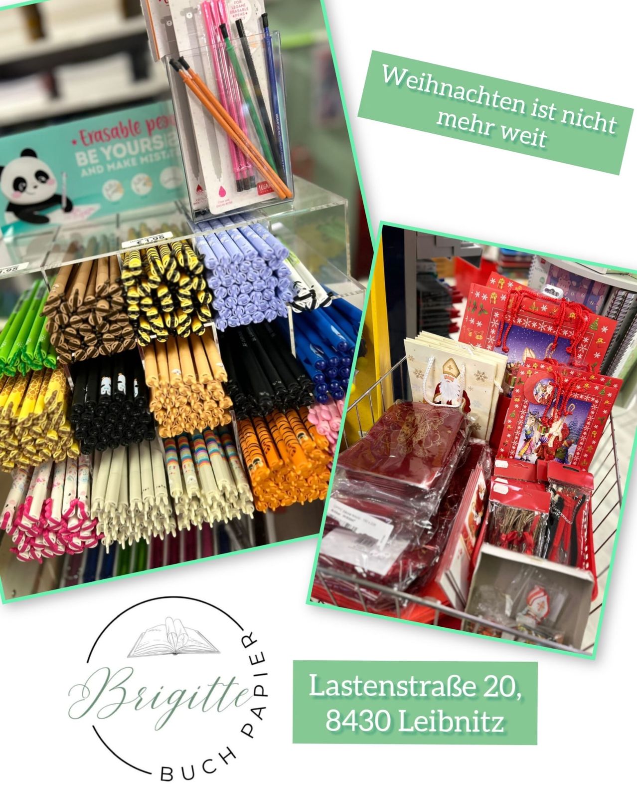 Eine Ausstellung von bunten Stiften und Weihnachtsgeschenken. Ein Panda und Text auf Deutsch sind auf der linken Seite. Rechts ist ein Korb mit Weihnachtsgeschenken.
