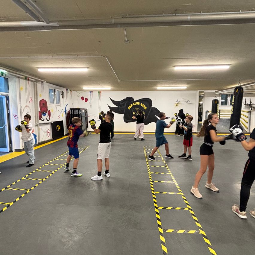 Ein Fitnessstudio mit mehreren Kindern, die Boxen mit Handschuhen üben. Gelbe Linien auf dem Boden. Boxausrüstung und -beutel an der Seite.