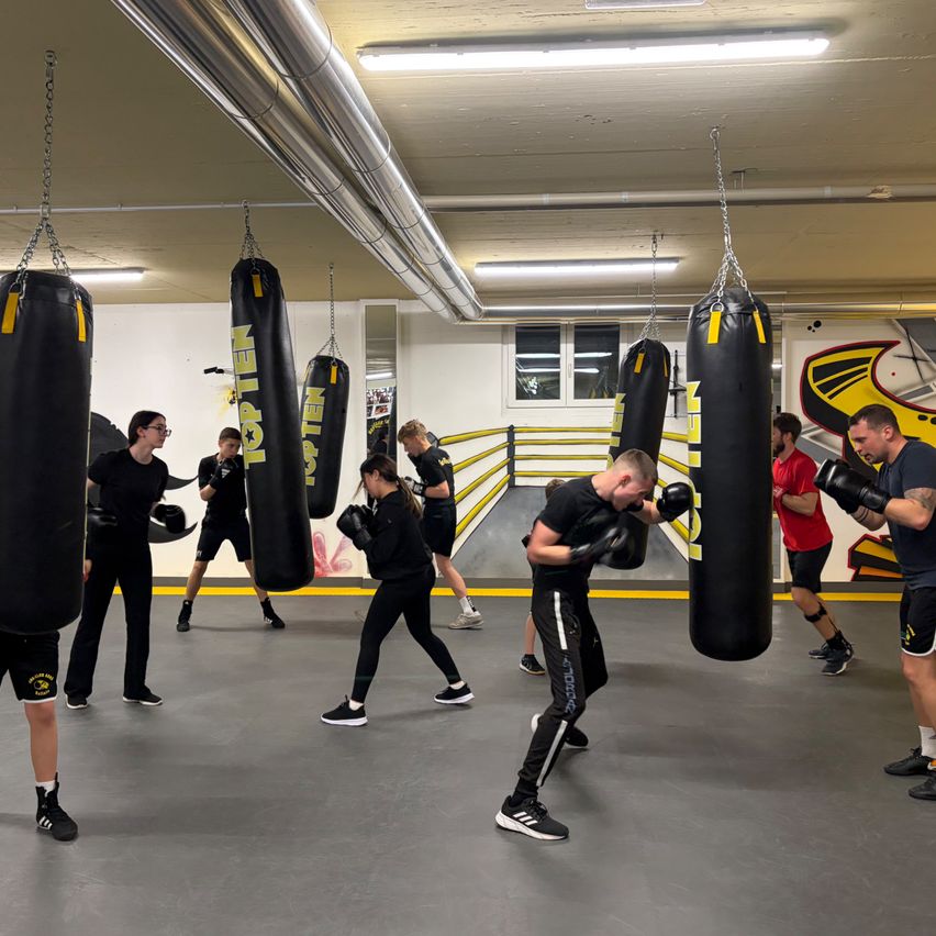 Ein Fitnessstudio mit Boxsäcken, in dem mehrere Personen Boxen üben, Handschuhe und Turnschuhe tragen. Der Raum hat weiße Wände, einen gelben Boxring und Deckenleuchten.