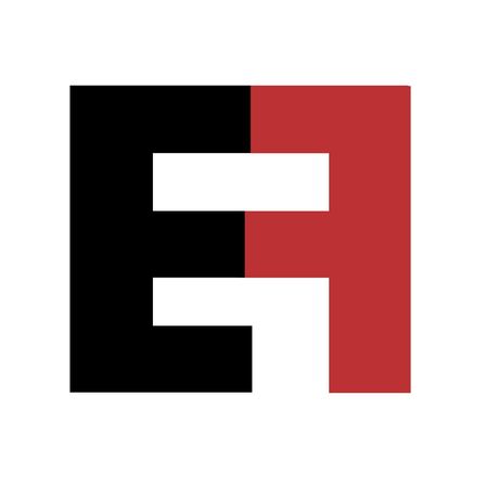 Ein schwarzes und rotes Logo mit einem weißen Balken in der Mitte, der einen Buchstaben E und R bildet.