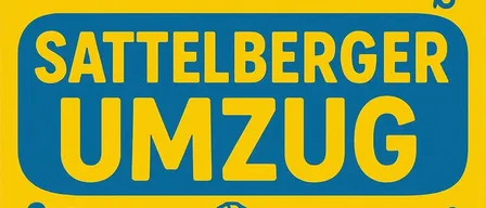 Ein gelbes Plakat mit blauem Text und Bildern von drei Arbeitern in Helmen. Es steht 'Der Termin 24.1.26 Sattelberger Umzug'. Ein blauer Ballon und eine Fahne sind vorhanden.