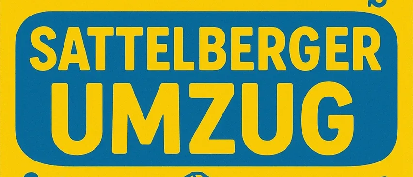 Ein gelbes Plakat mit blauem Text und Bildern von drei Arbeitern in Helmen. Es steht 'Der Termin 24.1.26 Sattelberger Umzug'. Ein blauer Ballon und eine Fahne sind vorhanden.