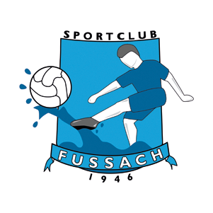 Illustration eines Fußballspielers, der einen Ball tritt, mit dem Text 'SPORTCLUB FUSSACH 1946' auf blauem Hintergrund.