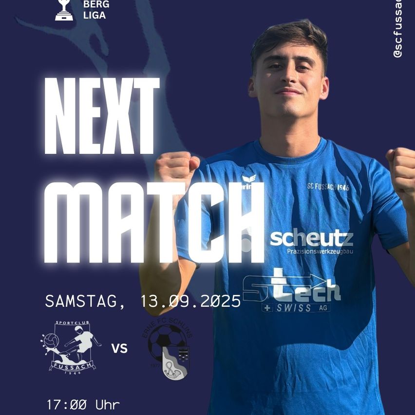 Ein blaues Poster mit einem erhobenen Spieler-Faust. Es steht 'Nächstes Spiel' und darunter ist das Datum 13.09.2025. Der Spieler trägt ein blaues Shirt mit dem Logo 'Stech'.