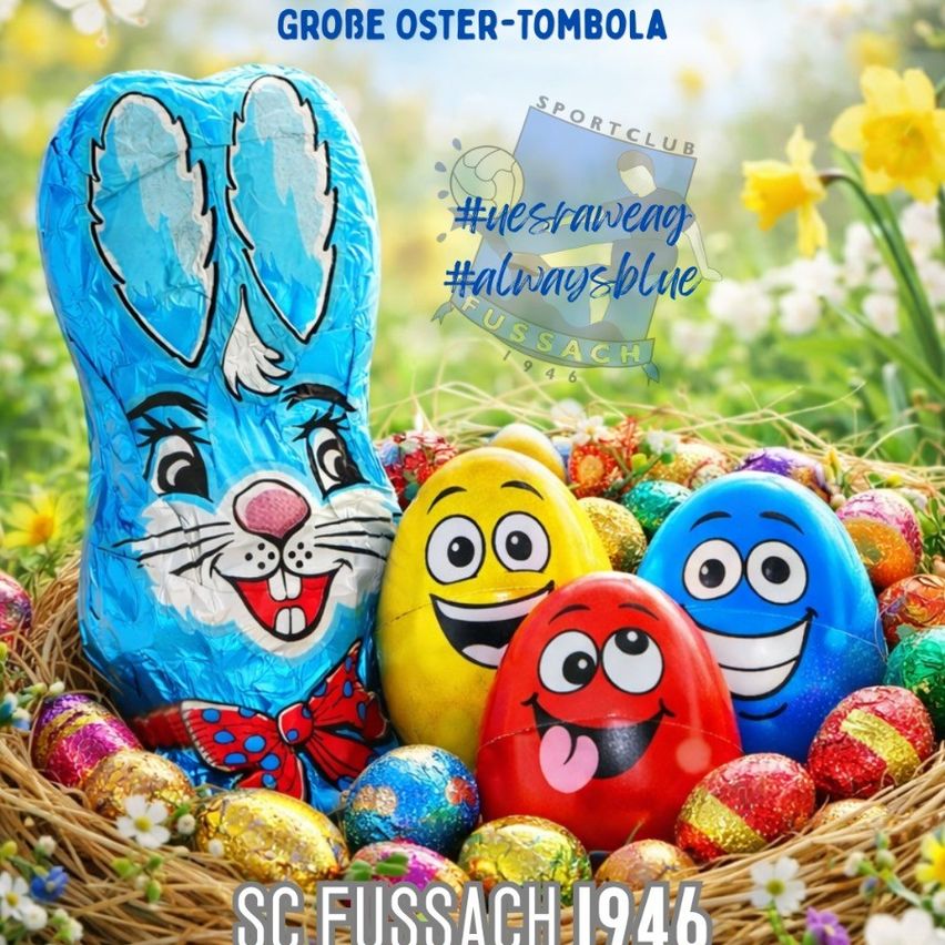 Eine Ostereiersuche mit einem großen Korb voller bunter Eier. Die Eier sind in verschiedenen Farben und eines ist in Form eines Hasen. Der Hintergrund ist unscharf mit gelben Blumen.