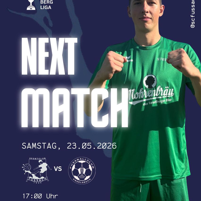 Werbeposter für das nächste Match der Berg Liga, mit einem Spieler in einem grünen Trikot mit erhobenen Fäusten, geplant für Samstag, den 23. Mai 2026 um 17:00 Uhr.