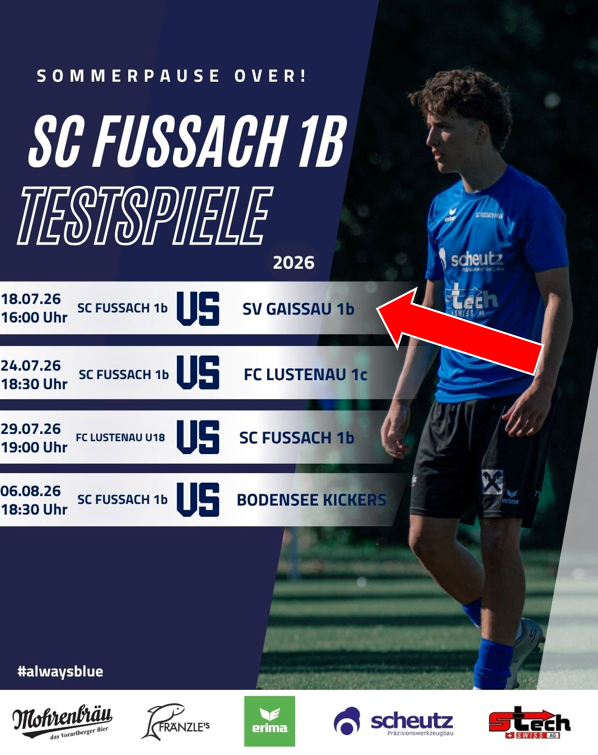 Poster for SC Fussach 1B football team's upcoming test matches in 2026, featuring a player in blue jersey with a red arrow pointing to the right.
