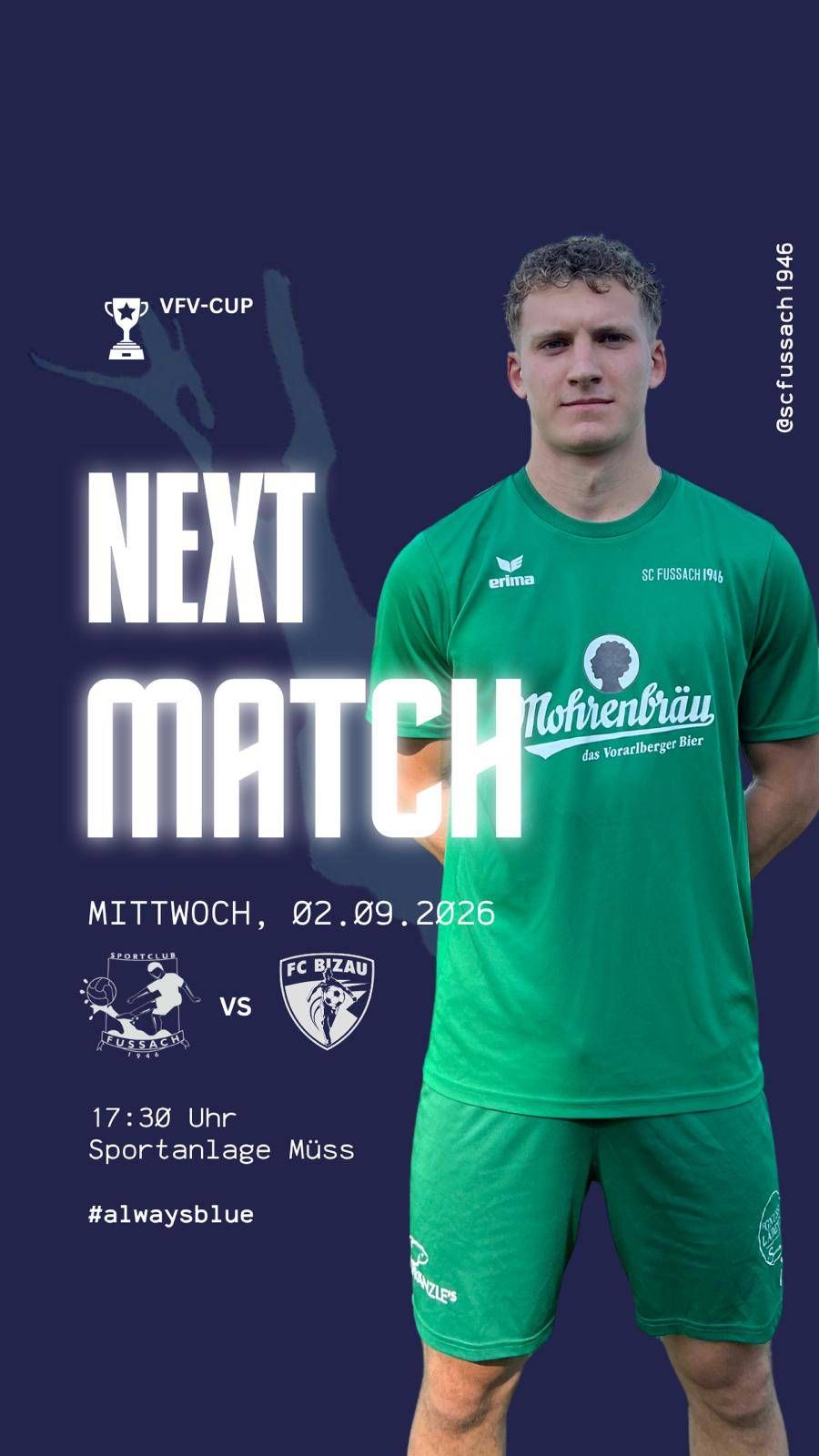A soccer player in a green jersey stands in front of a blue background, advertising the next match on Wednesday, September 2, 2026, between Sportclub Fussach and FC Bizau.