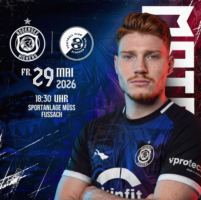 Ein Werbeplakat für eine Sportveranstaltung mit einem Mann in einem Fußballtrikot, Logos für Bodensee Kickers und Schoren United, Datum 29. Mai 2026 und Zeit 18:30.