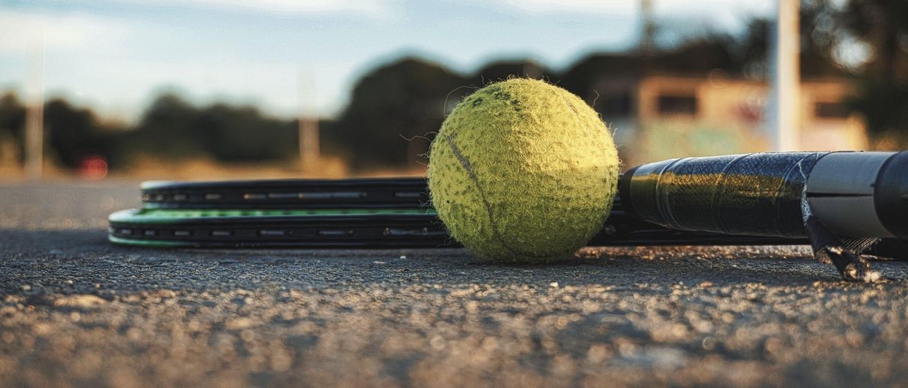 Ein Tennisball liegt auf einem Tennisplatz, neben ihm befindet sich ein Tennisschläger. Im Hintergrund ist ein blauer Himmel mit Wolken zu sehen.