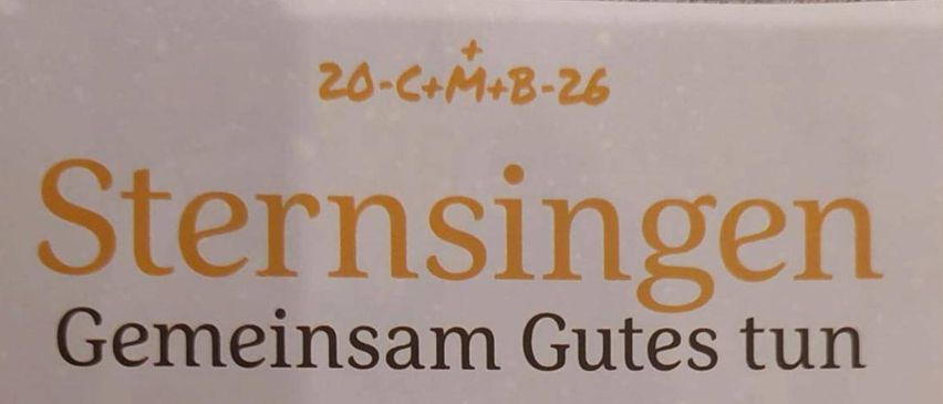 Poster mit drei Kindern in mittelalterlichen Kostümen, die Kronen tragen, lächeln und ihre Wangen berühren. Der Text lautet 'Sternsingen Gemeisam Gutes tun' und 'Herzlichen Dank!' in Deutsch.