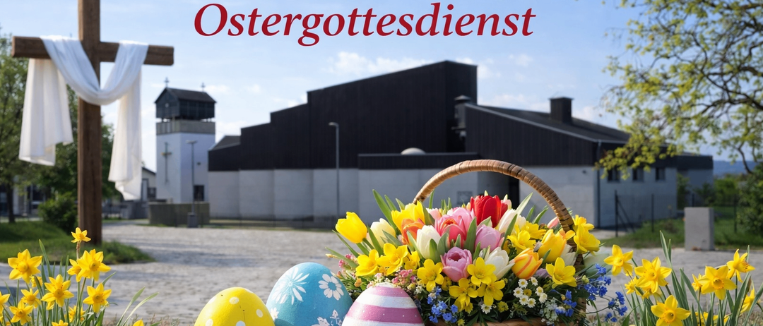 Ein Korb voller bunter Blumen und Ostereier wird vor dem Hintergrund einer Kirche und eines großen Gebäudes präsentiert. Das Bild hat einen warmen, festlichen Ton.