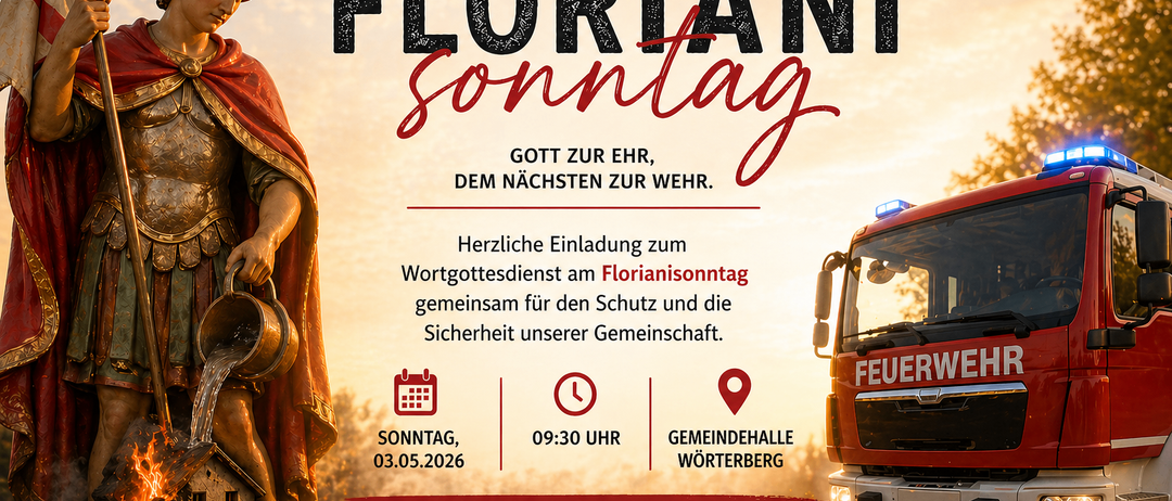 Floriani-Sonntag-Eventplakat mit einer Statue und einem Feuerwehrauto. Datum: 03.05.2026. Zeit: 09:30. Ort: Gemeindehalle Worterberg. Beinhaltet ein Bierkrugsymbol.