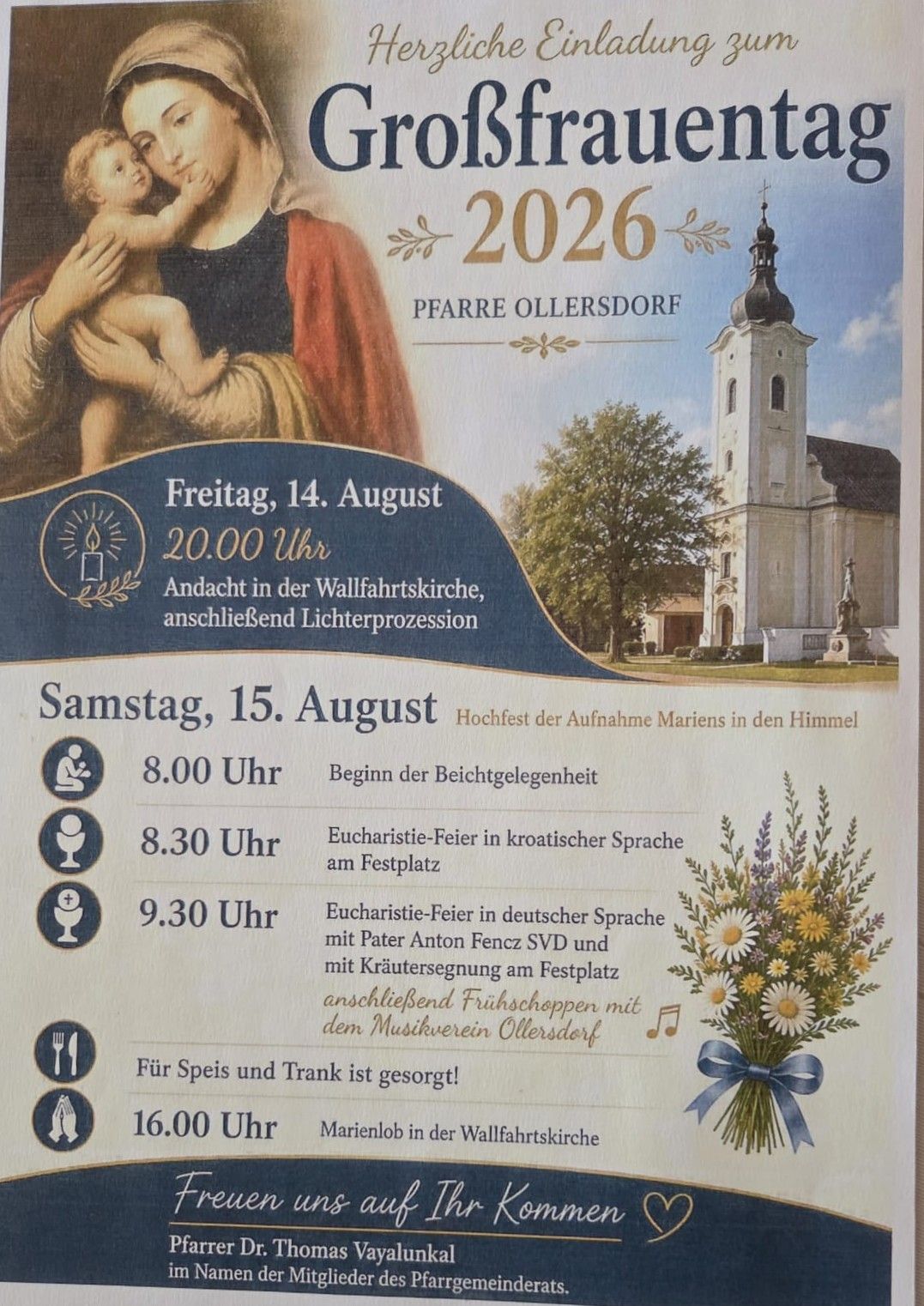 Ein Flyer für die Veranstaltung der Pfarre Ollersdorf 2026, mit einem religiösen Bild einer Frau, die ein Baby hält, einem Kirchturm und einem Zeitplan für den 14. und 15. August.