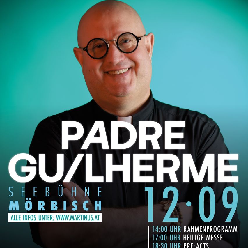 A smiling man wearing glasses and a black shirt with the text 'Padre Gu/Lherme' and a date '12.09' on a blue background.
